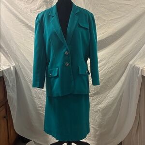 Hand sewn custom crafted vintage 90s teal women’s skirt suit